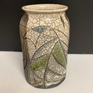 Raku Crackle Leaf Pottery Vase Etched 7” High
